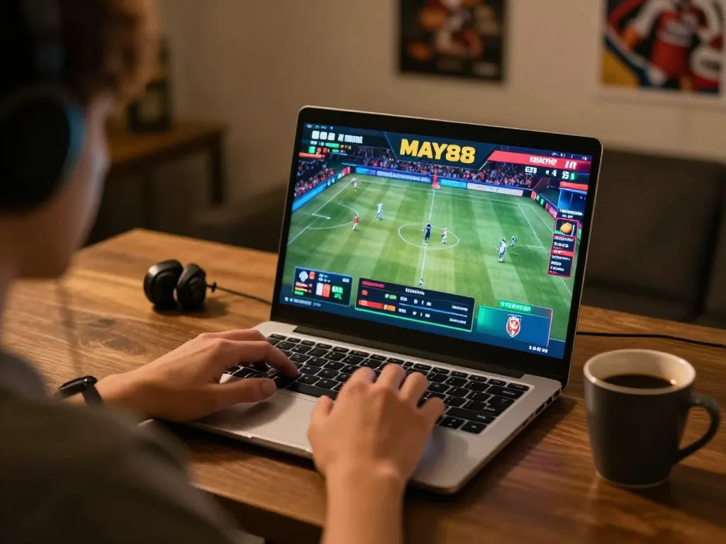 MAY88 user engaging in online sports betting at home with a laptop, highlighting strategic betting actions.