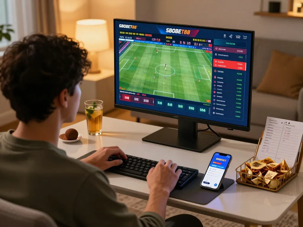 Suasana taruhan olahraga SBOBET88 dengan beberapa layar menampilkan pertandingan langsung dan pilihan taruhan, menciptakan atmosfer yang mendebarkan.