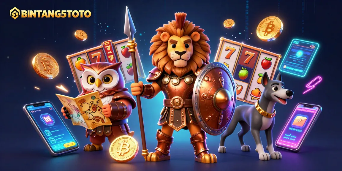 Engage with BINTANG5TOTO in a vibrant 3D casino scene featuring slot reels and glowing cryptocurrency elements.