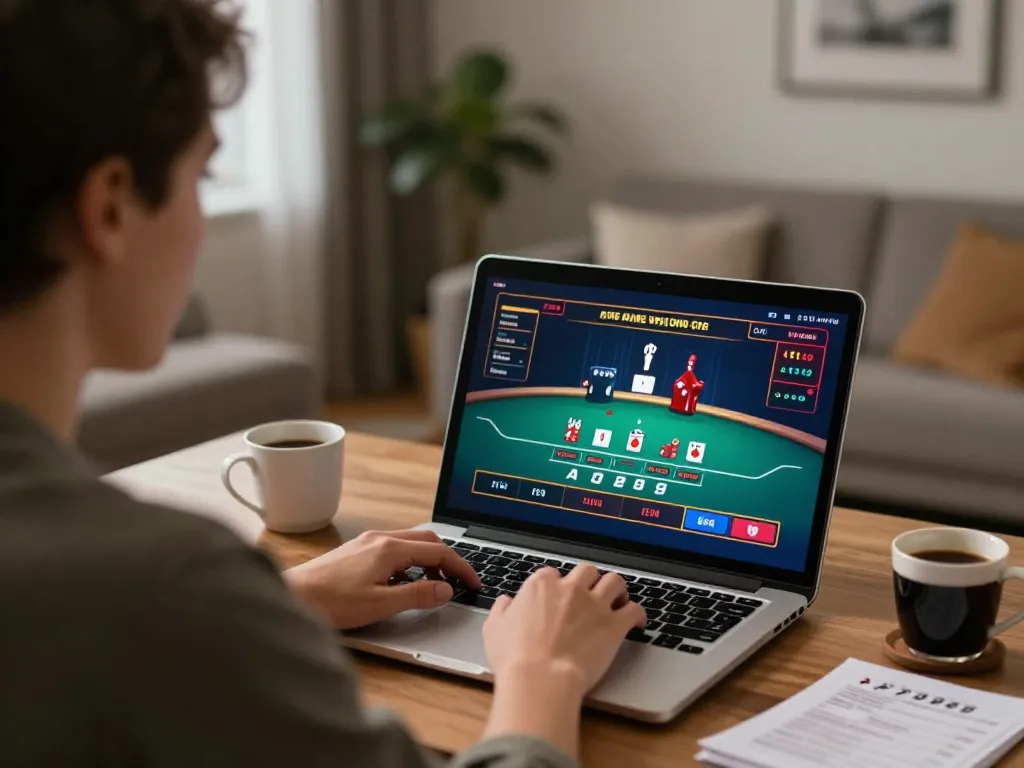 The user enjoying live dealer blackjack at nhà cái lc88 in a cozy home office setting.