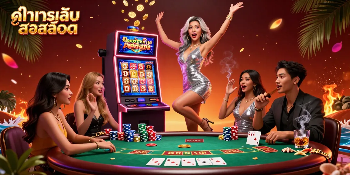 Play ทดลองเล่นสล็อต with excitement as golden coins erupt from a jackpot-winning slot machine in a vibrant casino.
