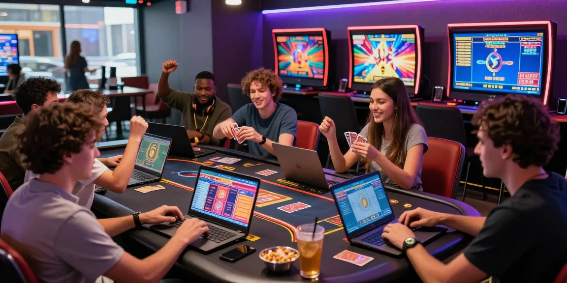 Exciting gaming atmosphere at https://gemwin.pics/ with friends enjoying various online games and vibrant neon lights.