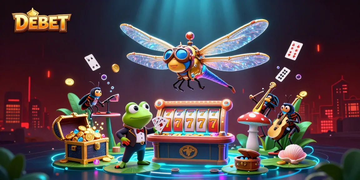 Experience vibrant casino action with DEBET's lively scene featuring a dragonfly pilot and frog croupier.