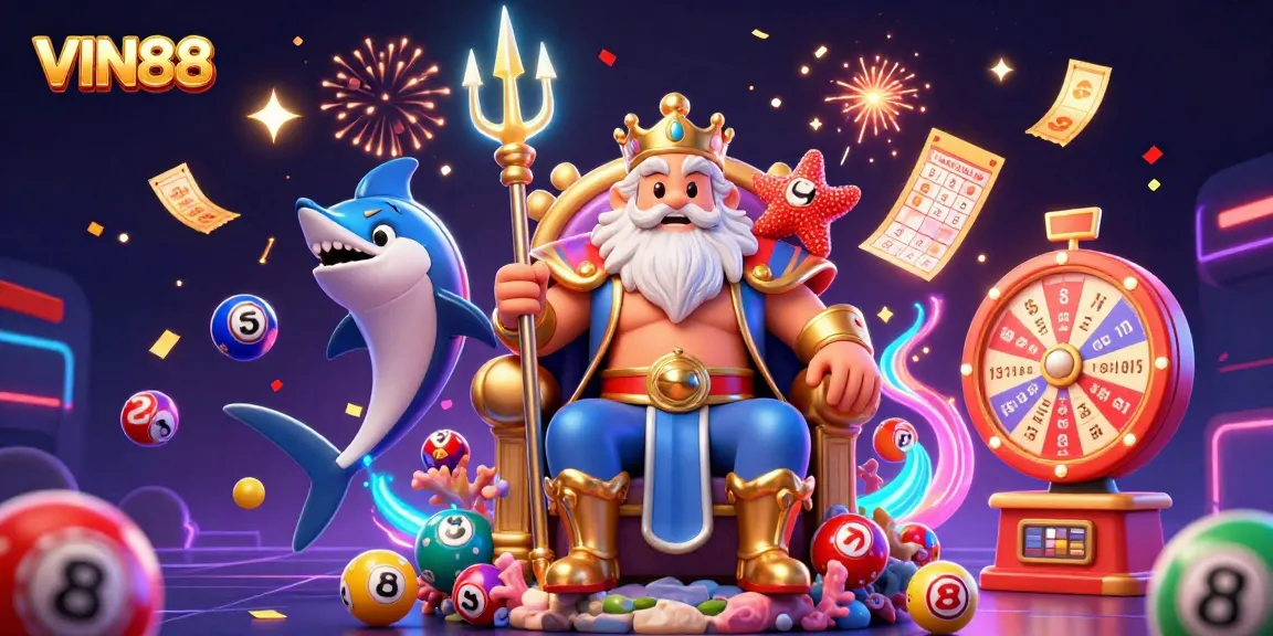 Experience the excitement of VIN88 through a vibrant 3D representation of Neptune, a samurai, and dynamic gaming elements.