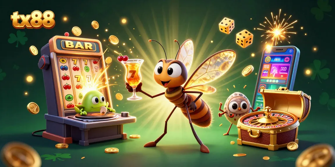 Experience the excitement of tx88 with a lively illustration featuring a frozen mosquito mascot, fossil turntables, and vibrant casino elements.