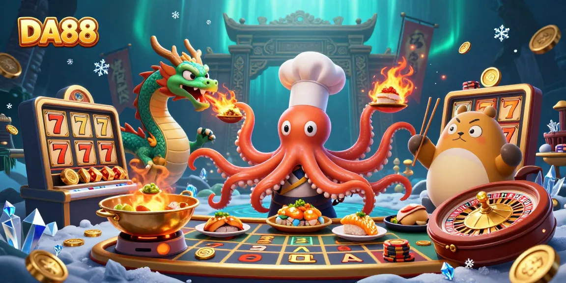 Experience the excitement of DA88 with a dynamic casino scene featuring a chef octopus, dragon, and tanuki among slot reels.