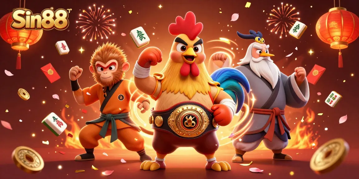 Experience thrilling gaming at Sin88 with a dynamic 3D illustration showcasing engaging characters and festive elements.