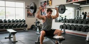 Anabolika Shop - Athlet im Fitnessstudio, der konzentriert Gewichte hebt, um Muskelmasse aufzubauen und Fitnessziele zu erreichen.
