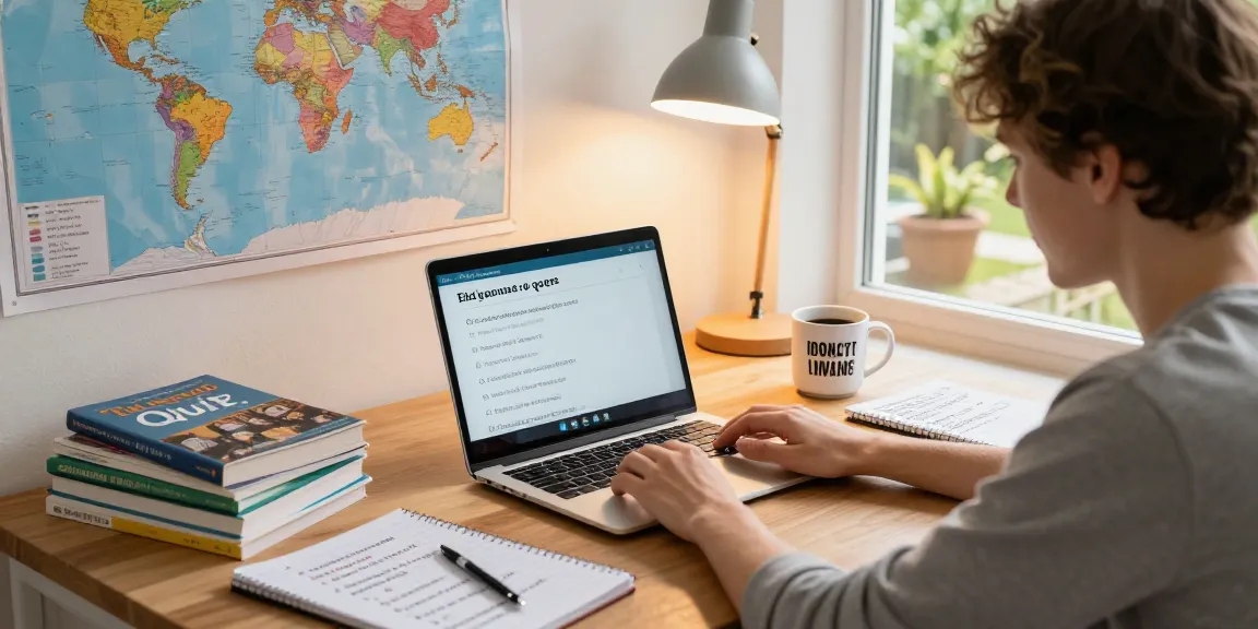 Engaging quiz Allgemeinwissen experience in a cozy home study with a person immersed in online trivia.