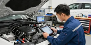 BMW Steuerkette Wechseln Service mit Mechaniker, der den Motor in einer professionellen Werkstatt untersucht.