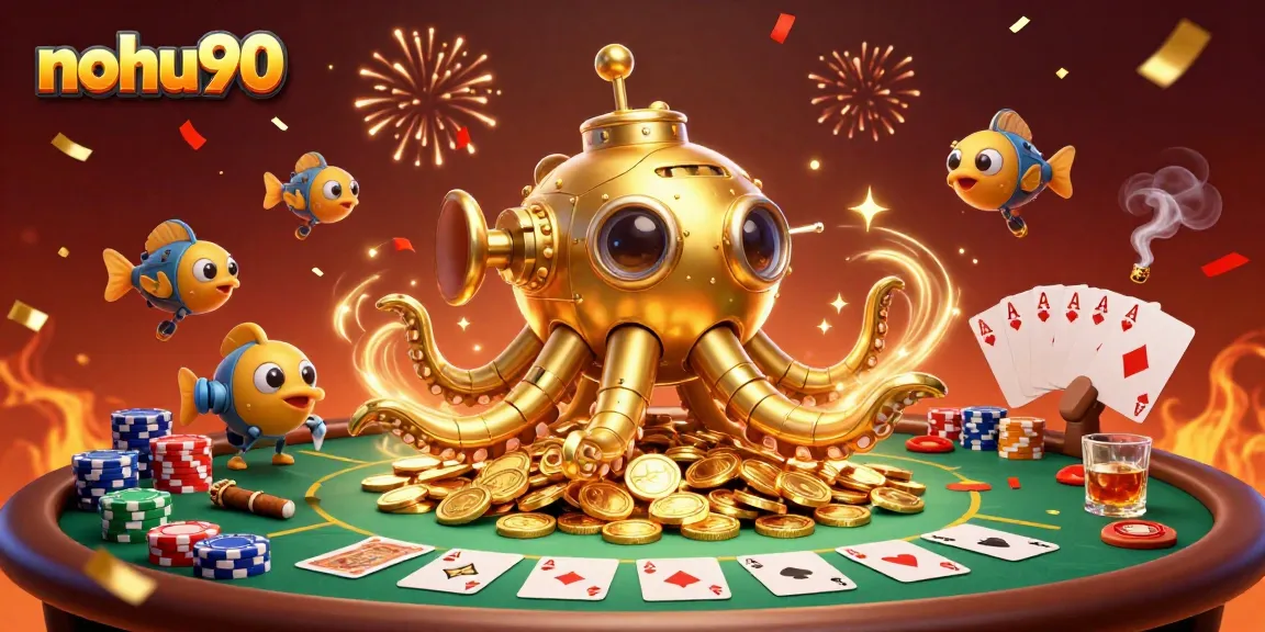 Nohu90 engages players in an exciting casino adventure with a golden kraken submarine and poker elements.