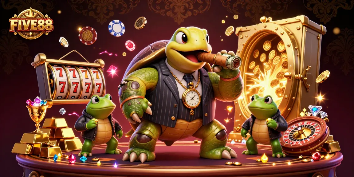 Witness FIVE88's thrilling casino scene with a snapping turtle in a mobster suit surrounded by slot machines and poker chips.