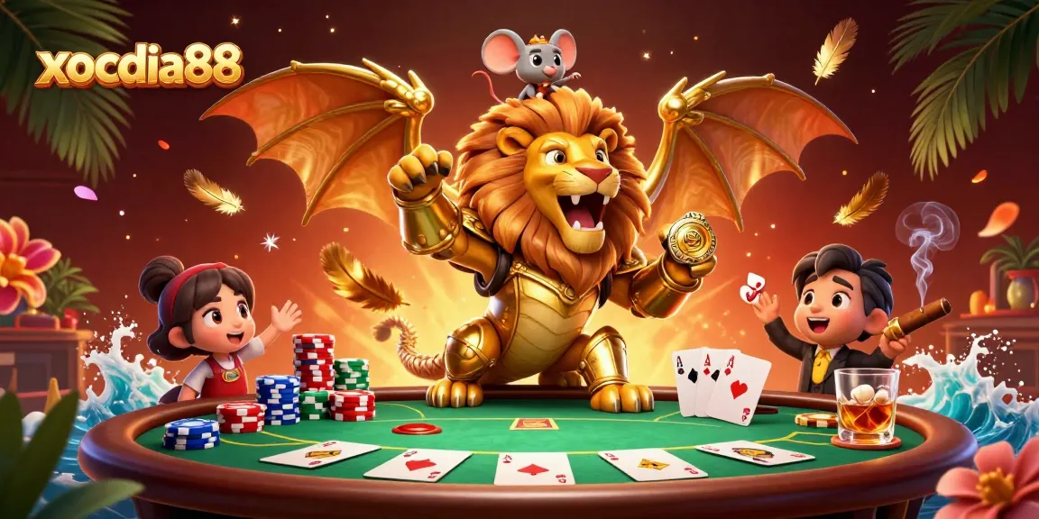 Experience the thrill of winning at xocdia88 with an action-packed poker scene featuring a golden chimera.