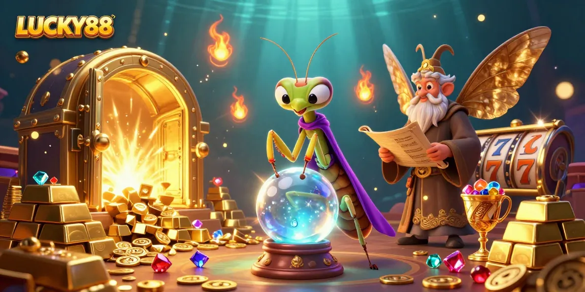 Win big with LUCKY88 in this vibrant casino-themed illustration featuring a mystical fortune teller and treasures.