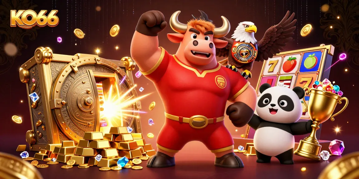 KO66 Casino's vibrant 3D scene features characters celebrating with slot reels and gold treasures.