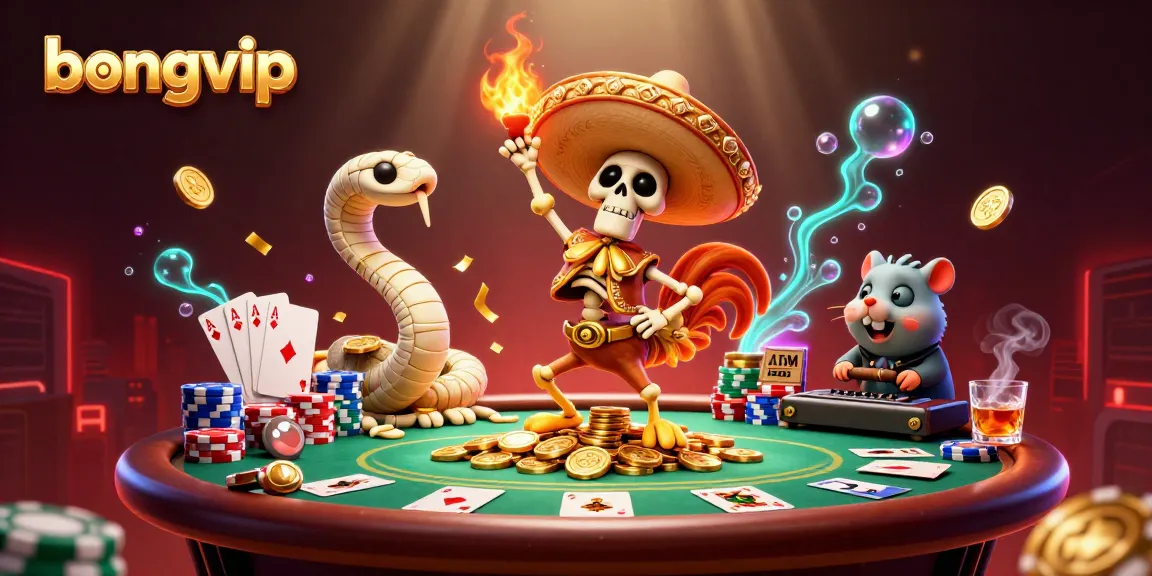 Bongvip's vibrant scene features a cartoon skeleton and friends winning big at the poker table.