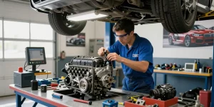 BMW Steuerkette Wechseln Hannover mit einem erfahrenen Mechaniker, der einen Motor inspiziert und Präzision in der Automobilpflege zeigt.
