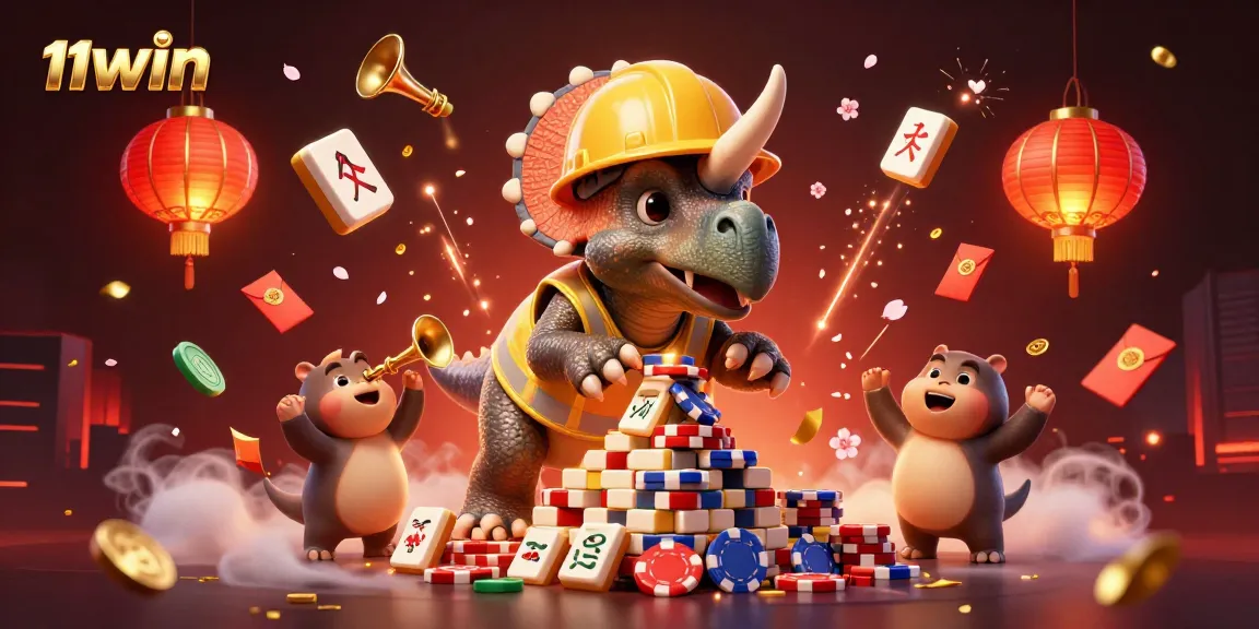 Celebrate 11WIN casino excitement with lively characters building poker chip pyramids.