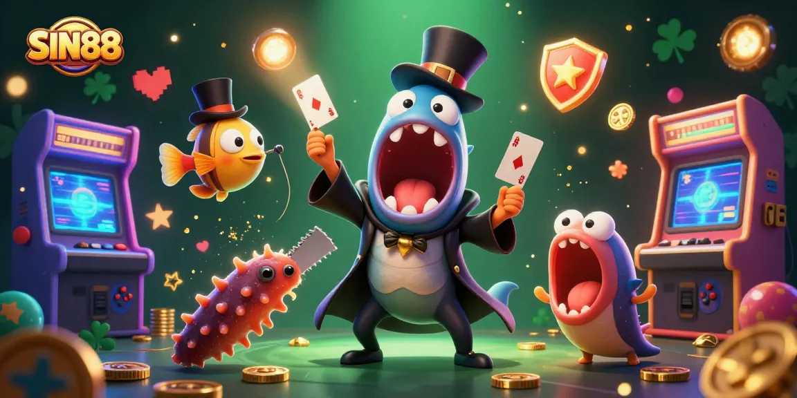 SIN88 casino-themed illustration with a bioluminescent eel magician, colorful arcade machines, and rich gaming elements.