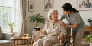 Buy nobility aids for seniors, showcasing a woman in a cozy home setting with mobility support and caregiver assistance.