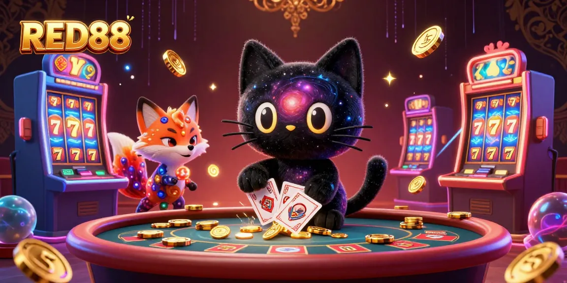 Experience excitement at RED88 casino with cartoon characters amid slot machines and vibrant gaming elements.