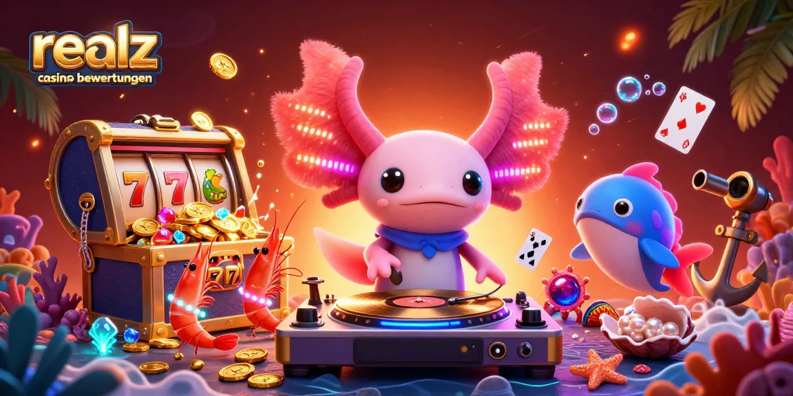 Erlebe die Realz Casino Bewertungen mit unserem leuchtenden Axolotl DJ und aufregenden Spielautomaten-Elementen.