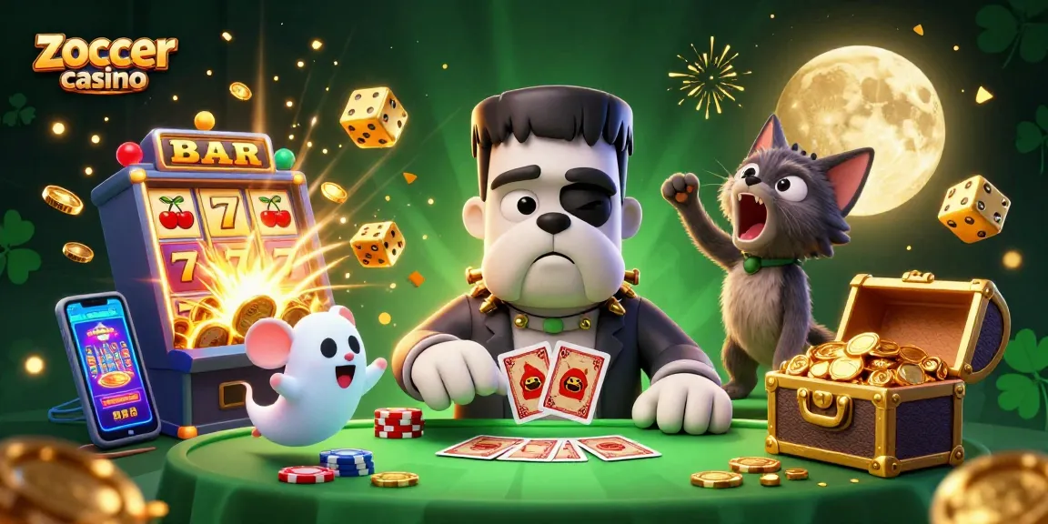 Zoccer casino scene with a Frankenstein bulldog, ghostly mouse, and werewolf kitten, showcasing slot machines and dynamic casino elements.