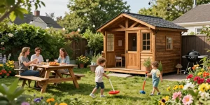 Gartenhäuser aus Holz im Garten mit Familie und bunten Blumen für entspannte Freizeitmomente.