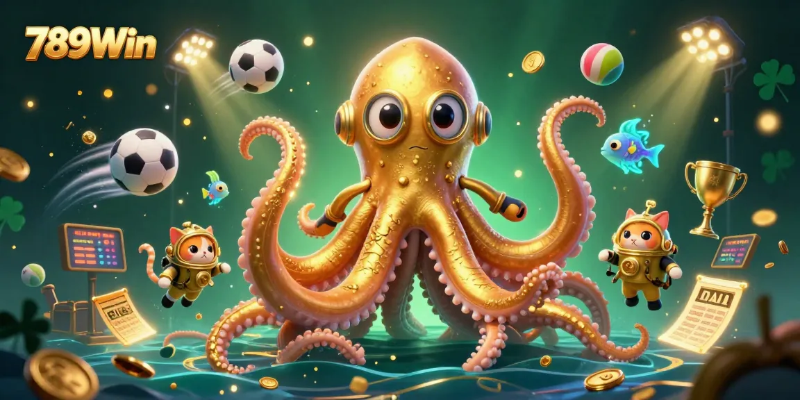 Engage with thrilling gameplay at 789Win, where a colossal kraken and diving cat surround vibrant casino elements.
