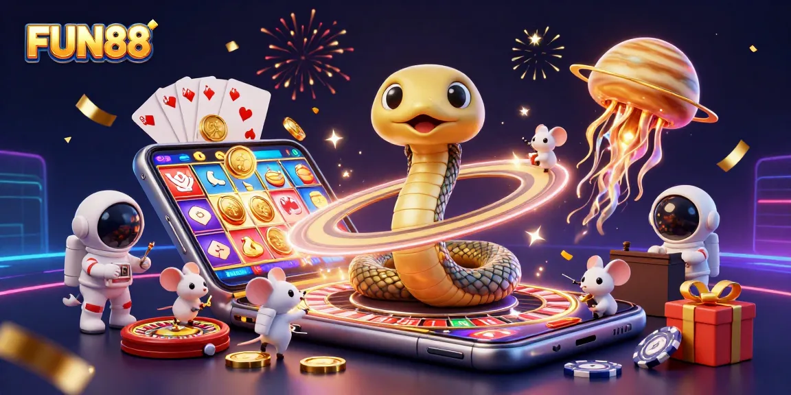 Experience exciting bets at FUN88 with a vibrant cosmic casino scene featuring a roulette wheel.