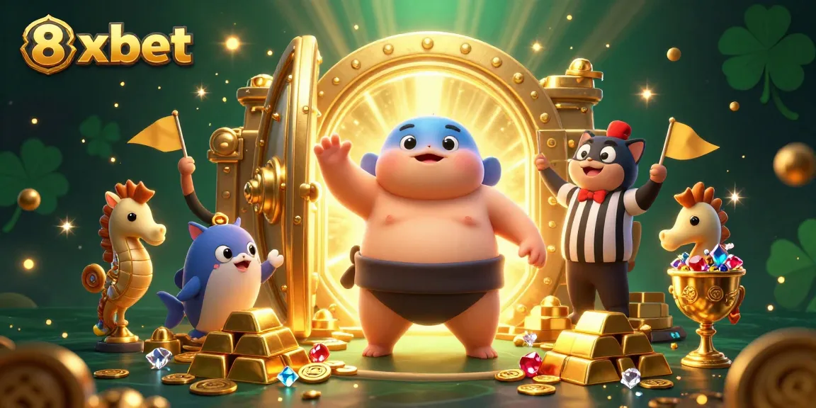 Engage in thrilling underwater gaming with the vibrant 8xbet scene featuring a blowfish in a sumo belt.