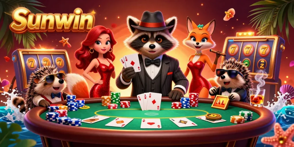 Spin the reels at Sunwin with raccoon, fox, and hedgehog in a vibrant casino scene.