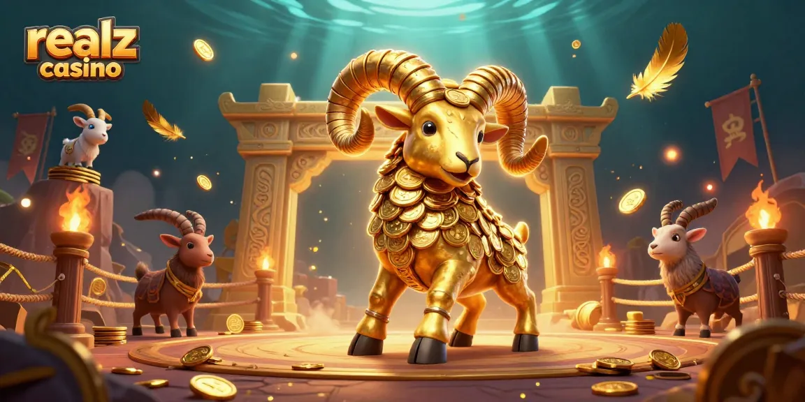 Experience excitement at Realz Casino with a dynamic scene of a golden ram charging through a vibrant betting arena.