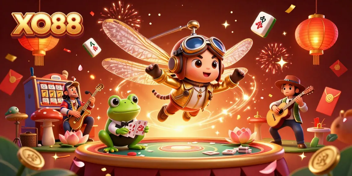 Engage with XO88's vibrant casino scene featuring a dragonfly pilot and frog dealer among festive imagery.