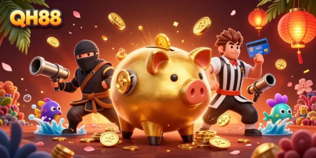 Participate in the exciting world of QH88's fishing games featuring dynamic characters and vibrant decorations.